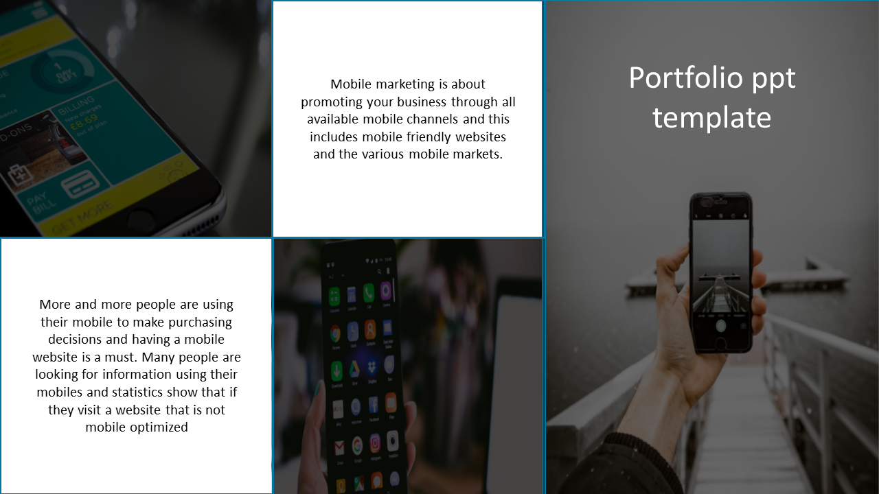 Portfolio template showcasing text on mobile marketing alongside smartphone images in a grid layout.