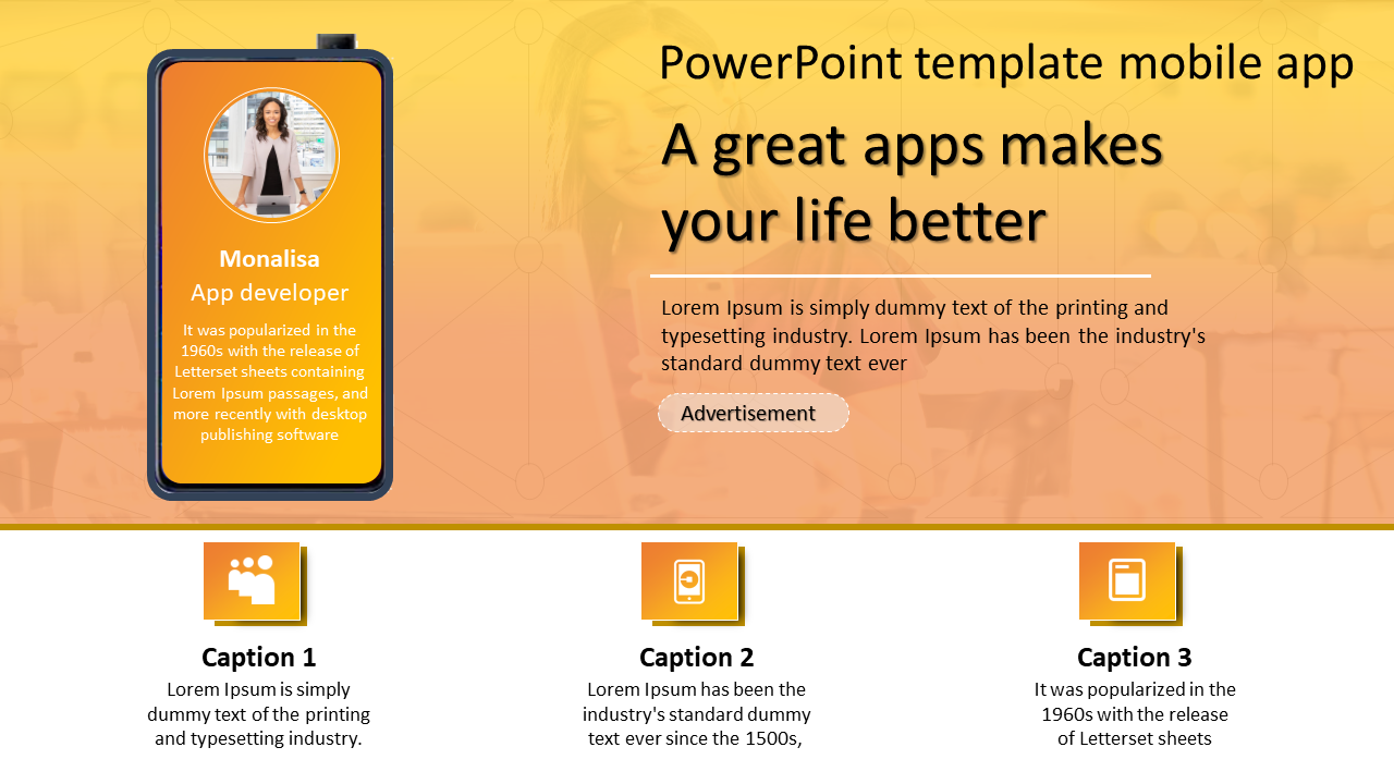 Mobile app layout with orange gradient, featuring a smartphone frame, and three captions with icons at the bottom.