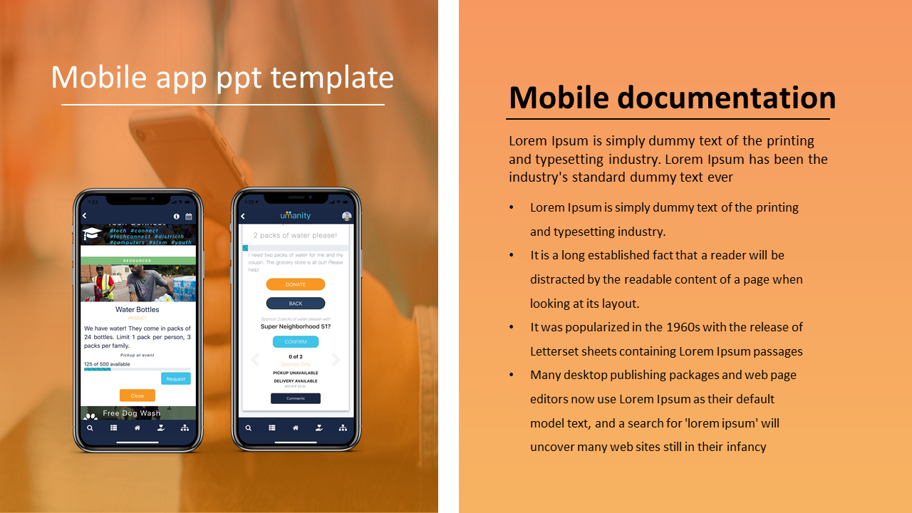 Two smartphones displaying app interfaces on the left, with detailed text section, all set on orange background.