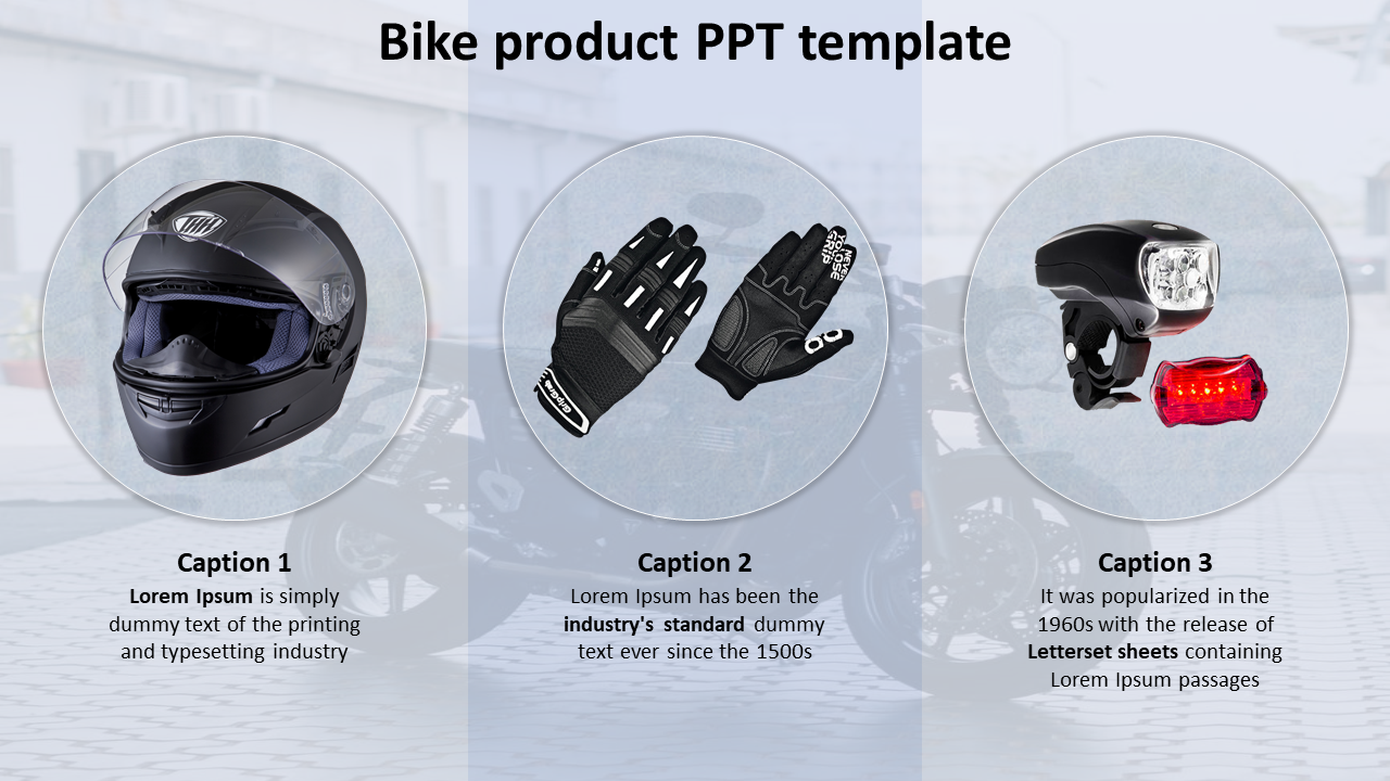 Three circular images showcasing a helmet, gloves, and lights, with a blurred bike background and gray theme.