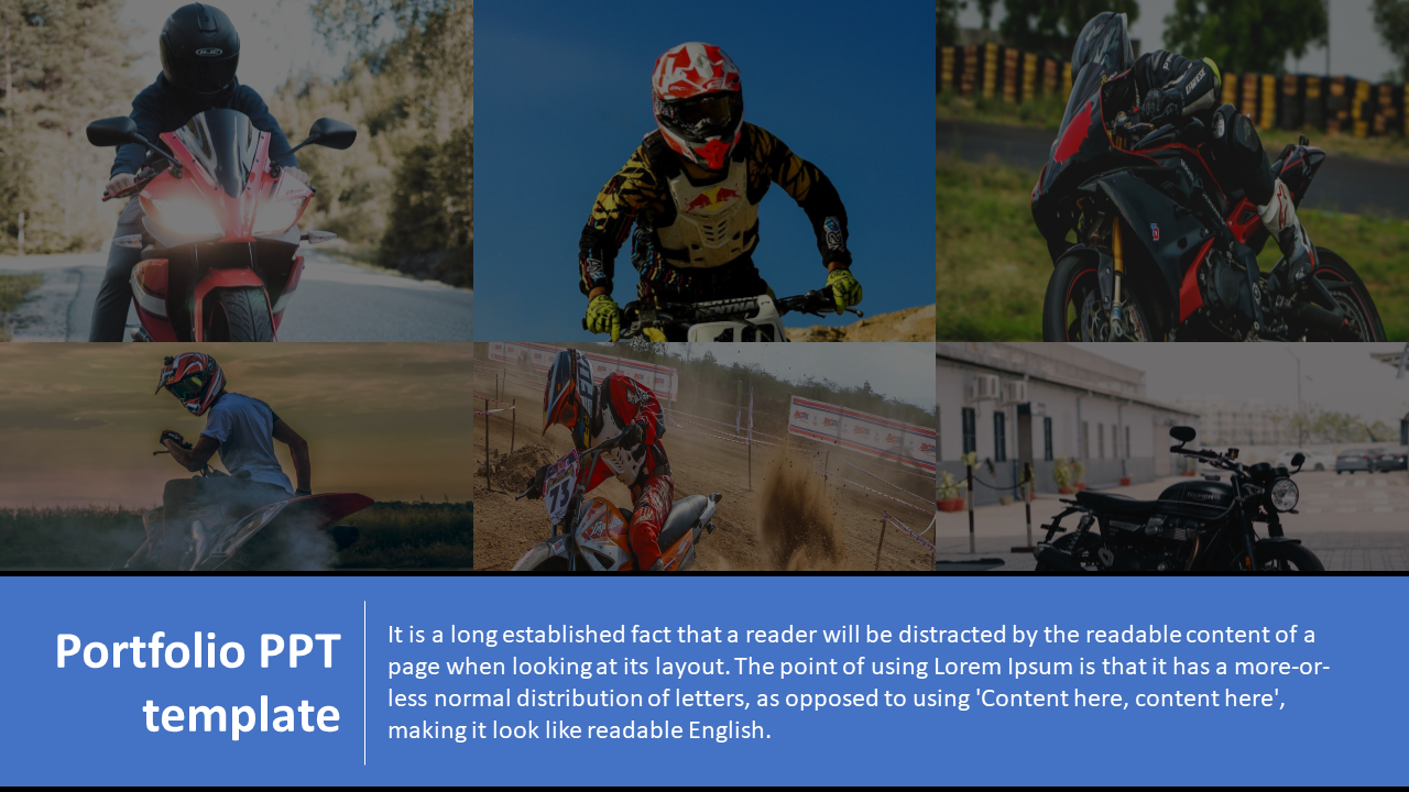 Portfolio PowerPoint template showcasing six images of motorcycles and riders, with a blue text section at the bottom.