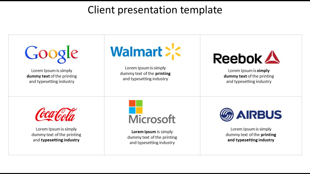 Client presentation slide showcasing six company logos arranged in a grid layout with corresponding text descriptions below.