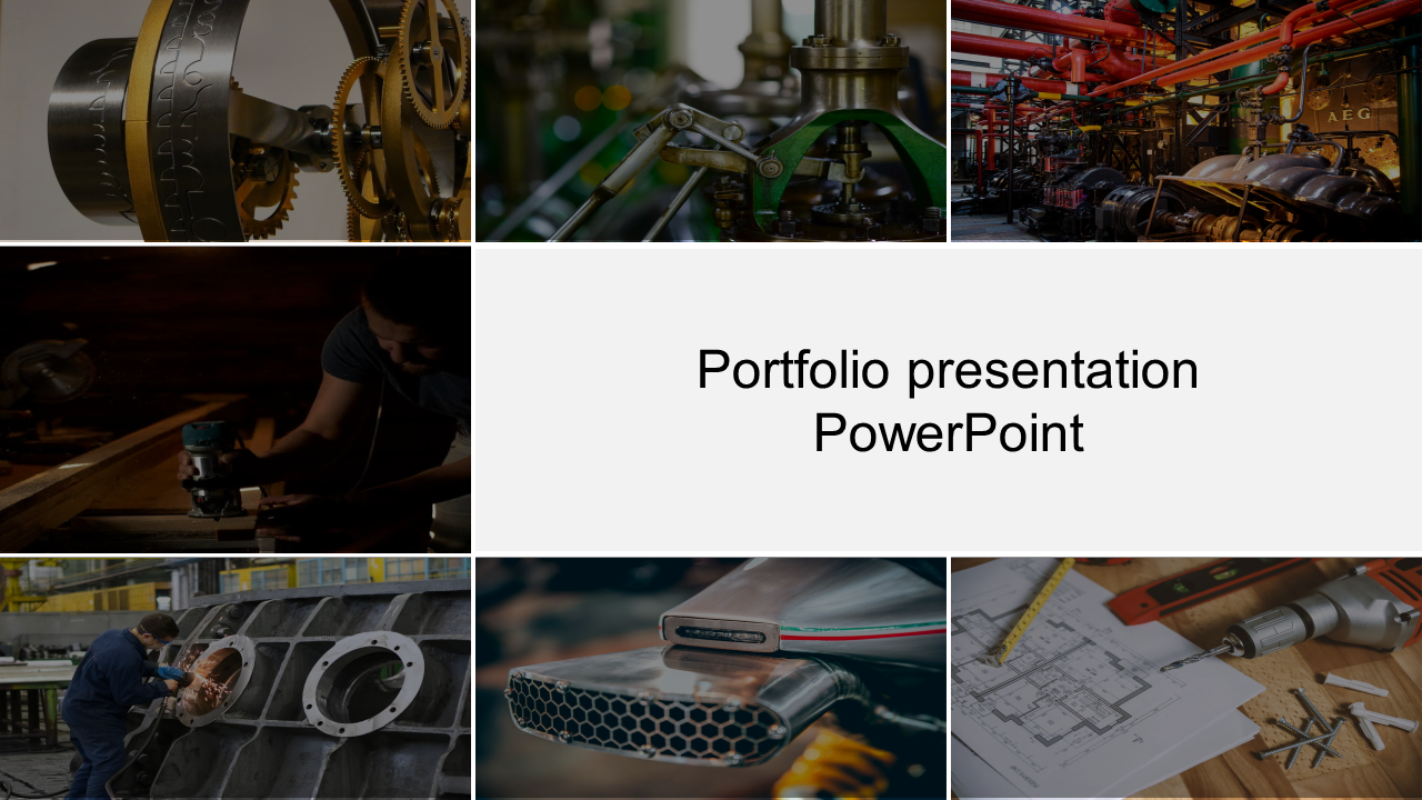 Portfolio slide featuring a collage of industrial, mechanical, and construction related visuals with a central text block.