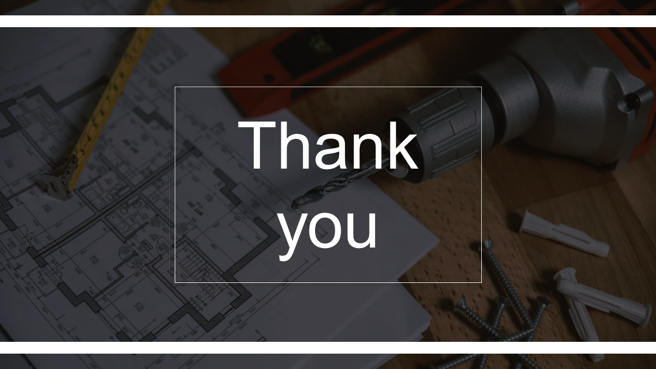 Thank you slide with text overlay on a architectural blueprint with a pencil and compass with white borders.