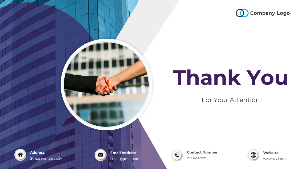 Thank you slide featuring a handshake image against a modern building background with contact information below.