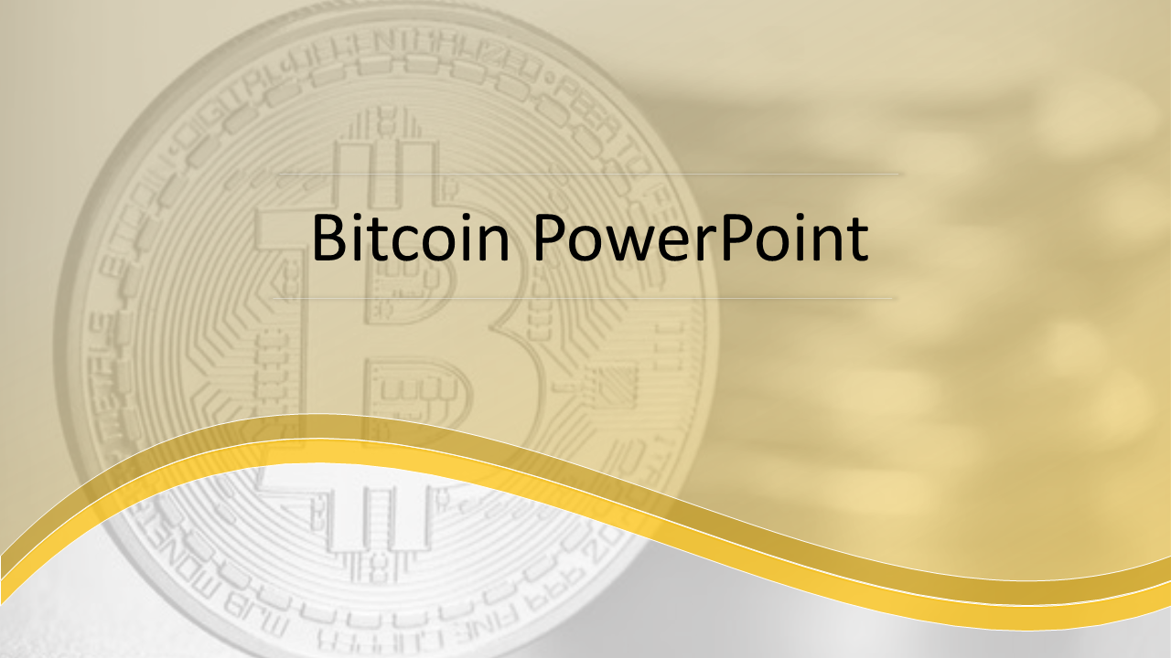 Bitcoin slide featuring a large faded symbol in the background with a yellow wave design.