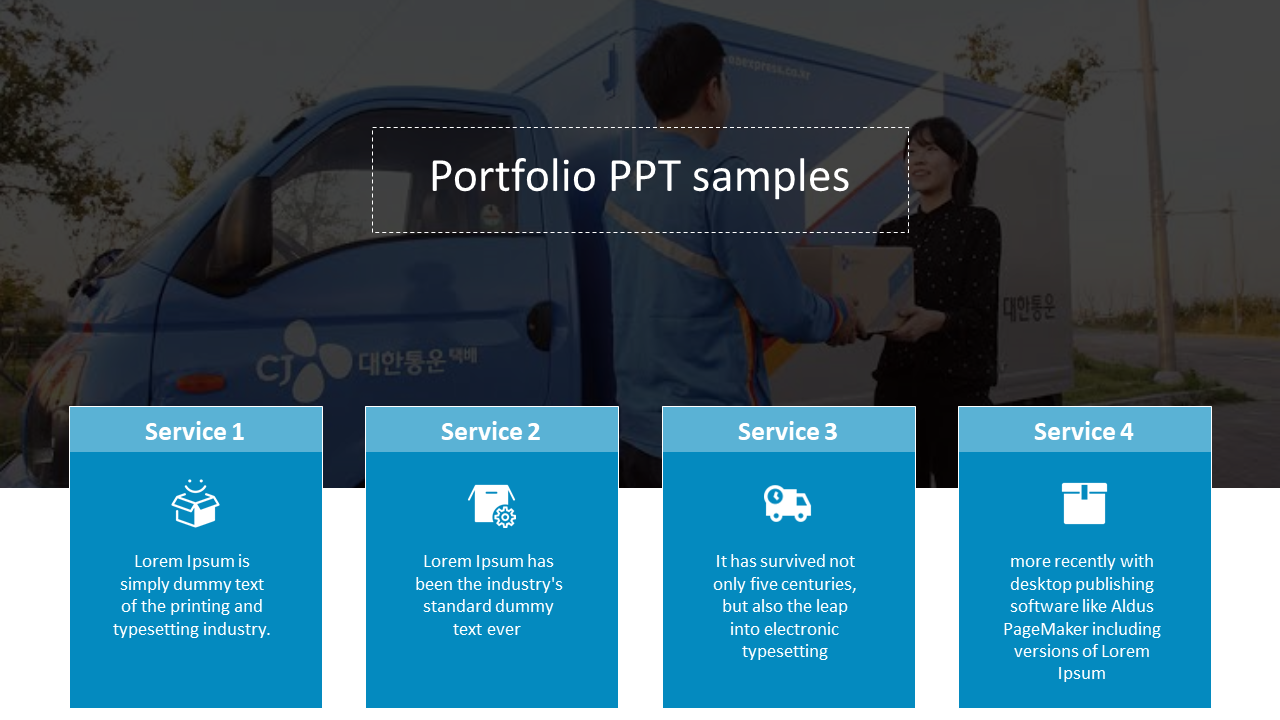 Portfolio slide with four blue service icons, framed by an image of a delivery vehicle and a person receiving a package.