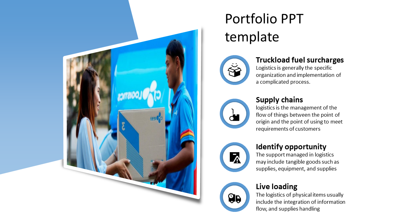 Logistics presentation slide featuring a delivery scene and key topics like supply chains and live loading with icons.