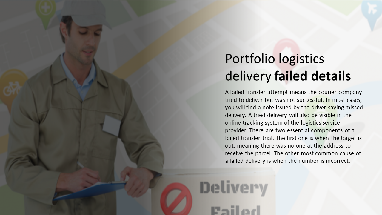 Portfolio presentation with a delivery man holding a clipboard, framed by a faint map background and a transparent overlay.