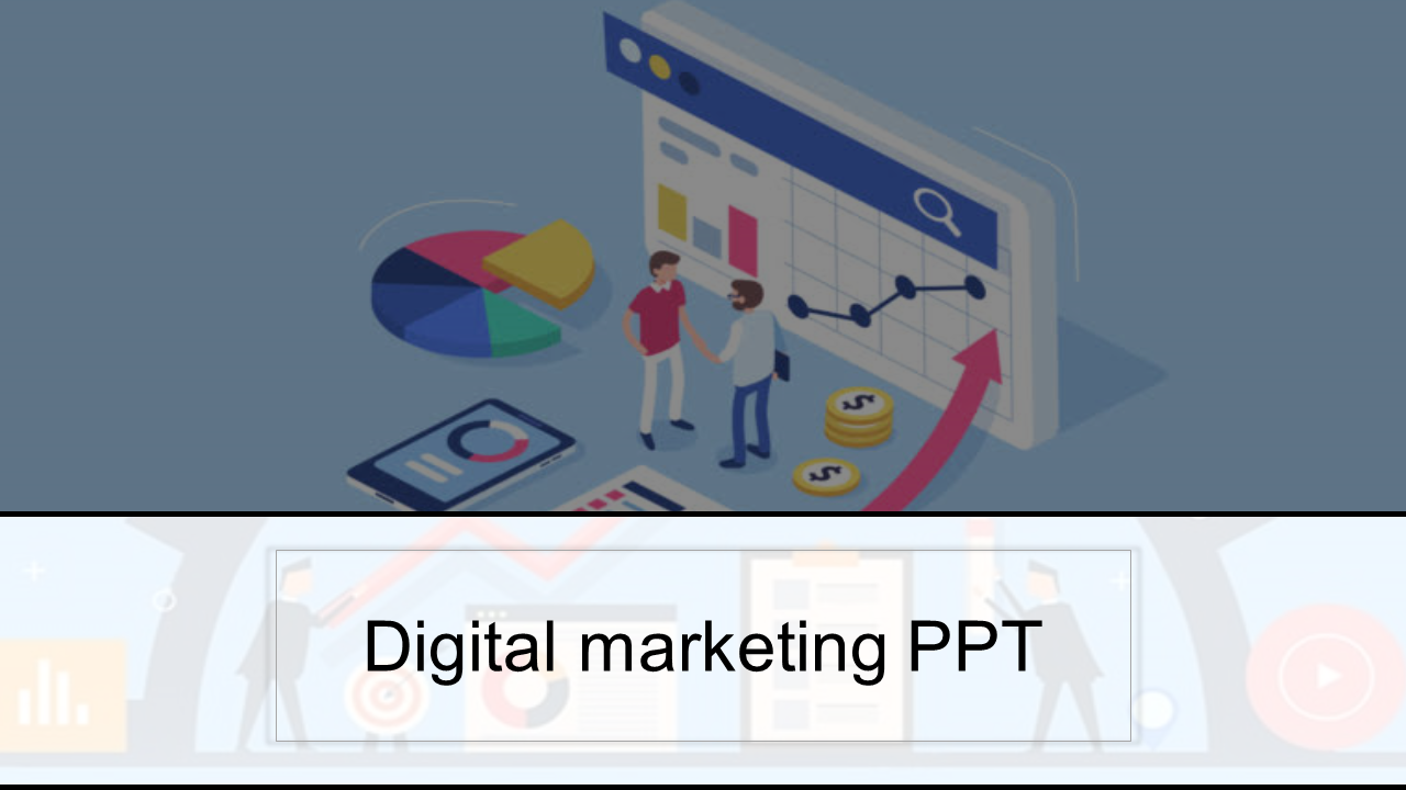 Illustration of two people discussing digital marketing with charts, graphs, and upward arrow elements in background.