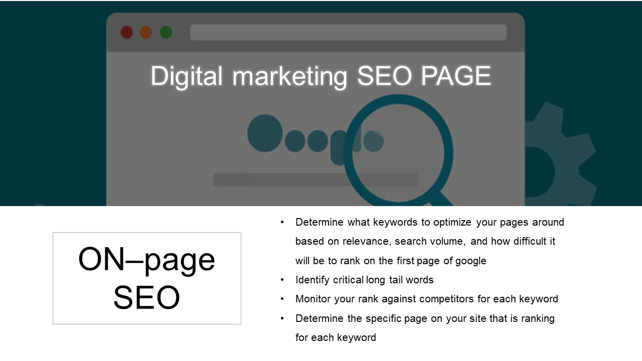 Digital marketing slide featuring SEO strategies with a magnifying glass icon and a list of optimization steps.