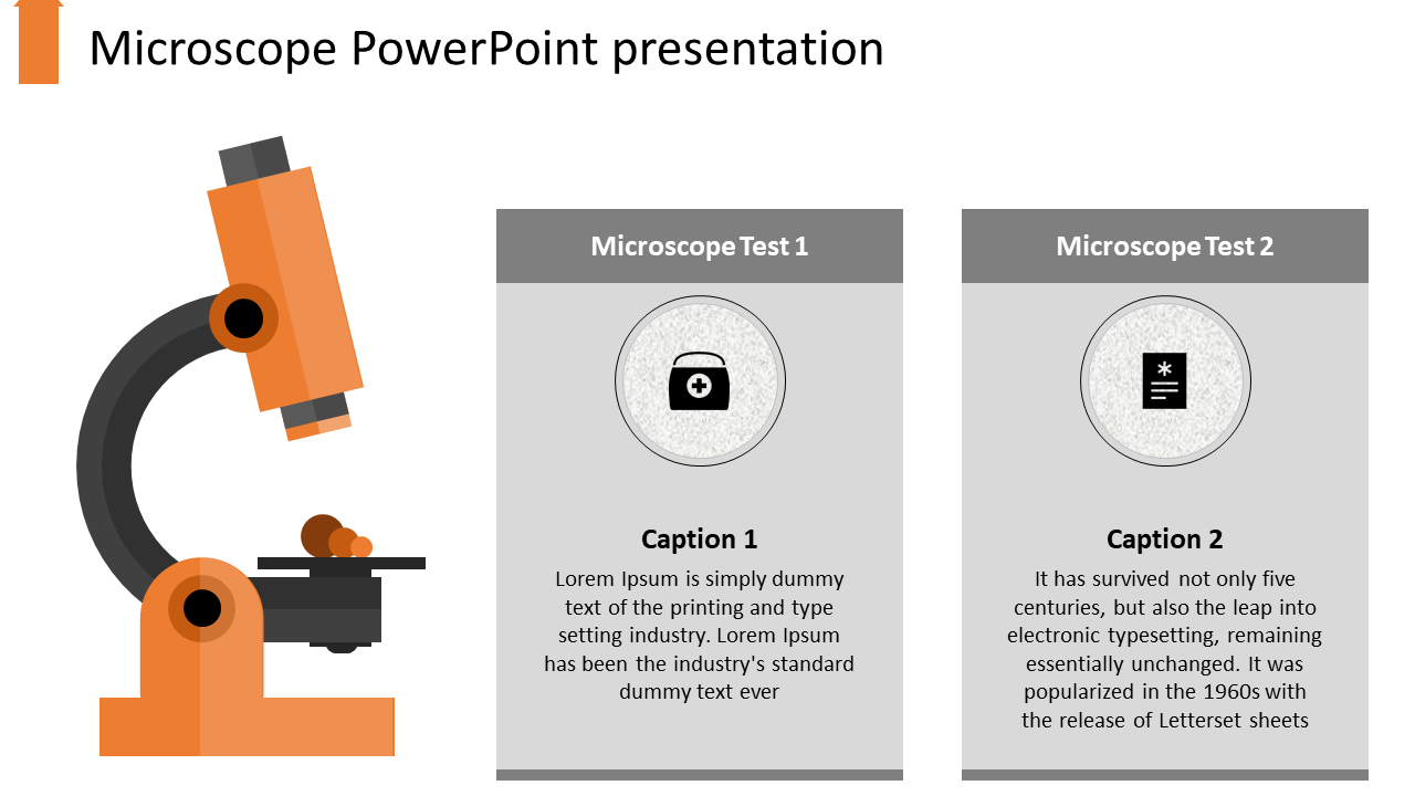 Slide with an orange microscope graphic and two labeled test sections containing icons and placeholder text.