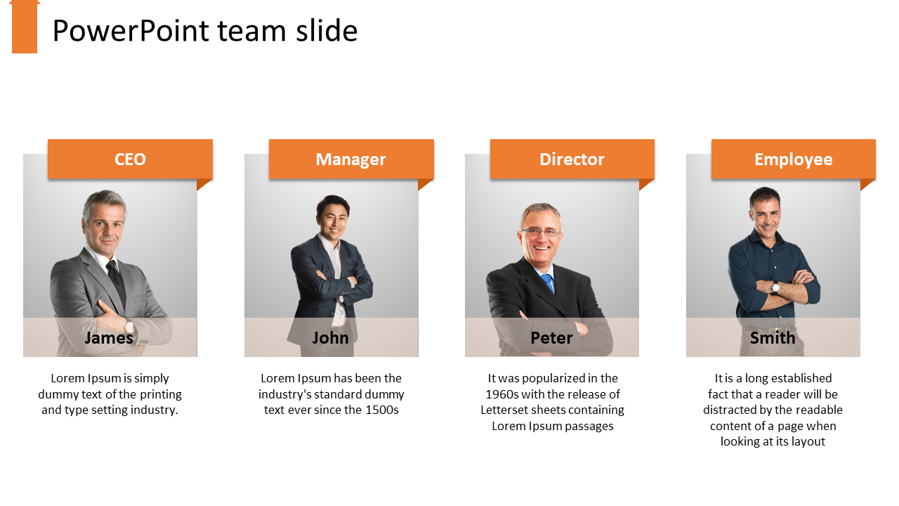 Team slide showing four members in roles labeled CEO to employee, with images, names, and placeholder text areas.