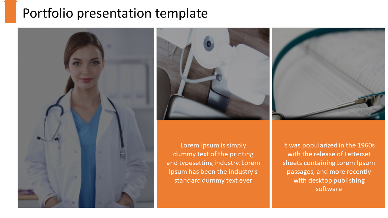 Portfolio presentation slide featuring a doctor, medical equipment, and text sections with orange highlights.