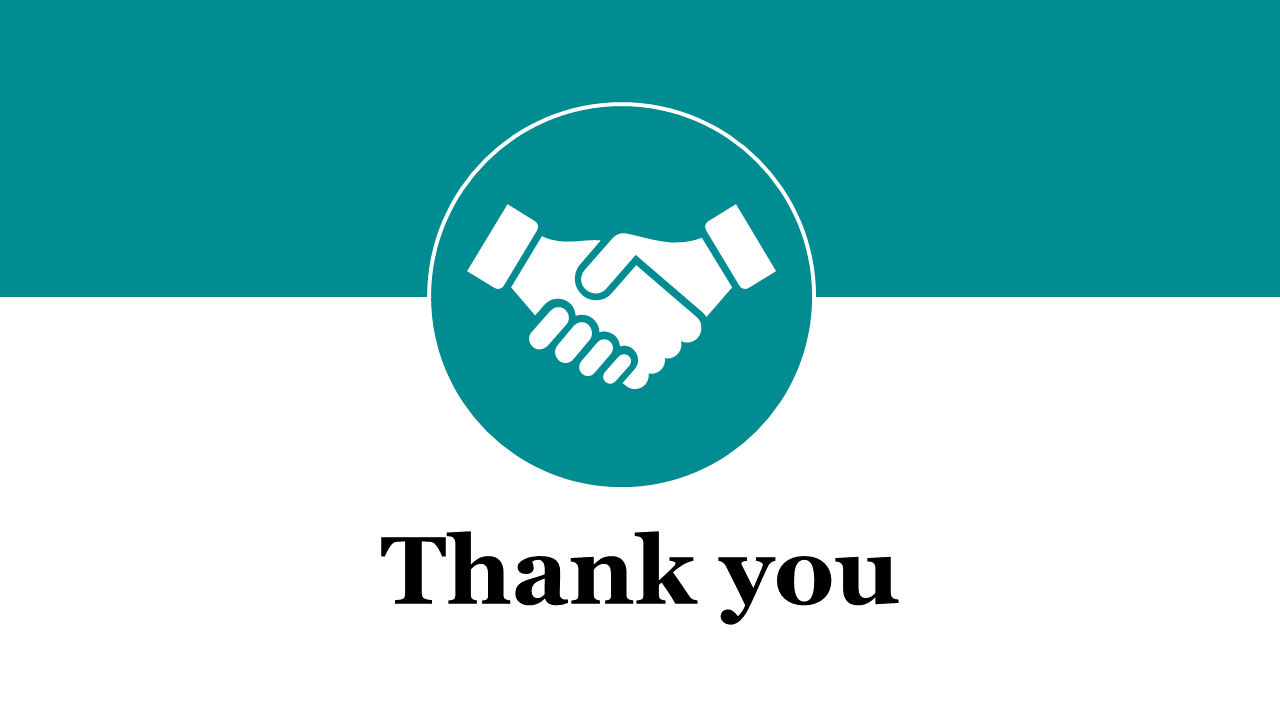 Minimalistic thank you slide with a teal handshake icon and bold text on a split background.