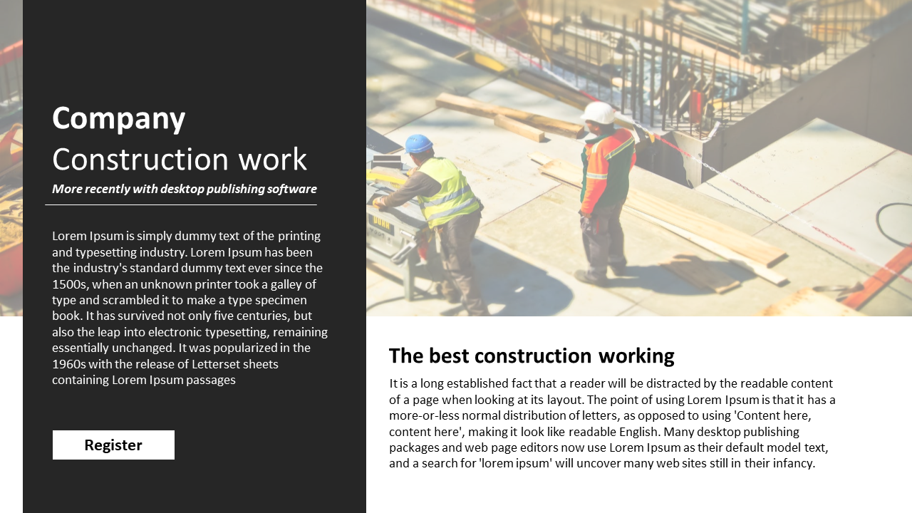 Construction company PowerPoint template featuring an image of workers on site and a call to action button.