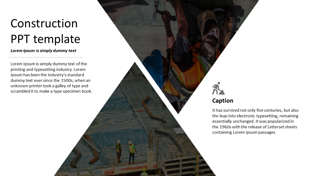 White slide with construction workers and site images placed within diagonal triangles, paired with captions.