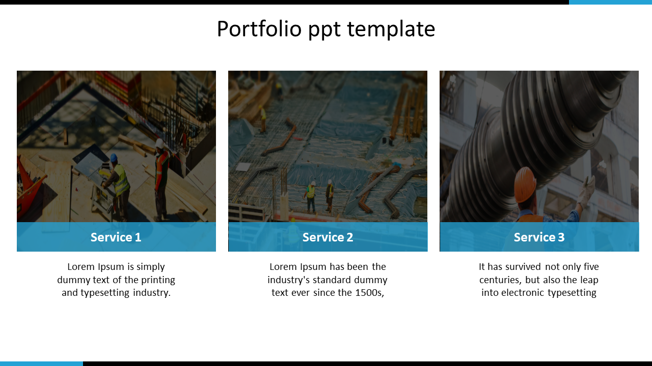 Portfolio slide displaying three construction related images with blue captions for different services.