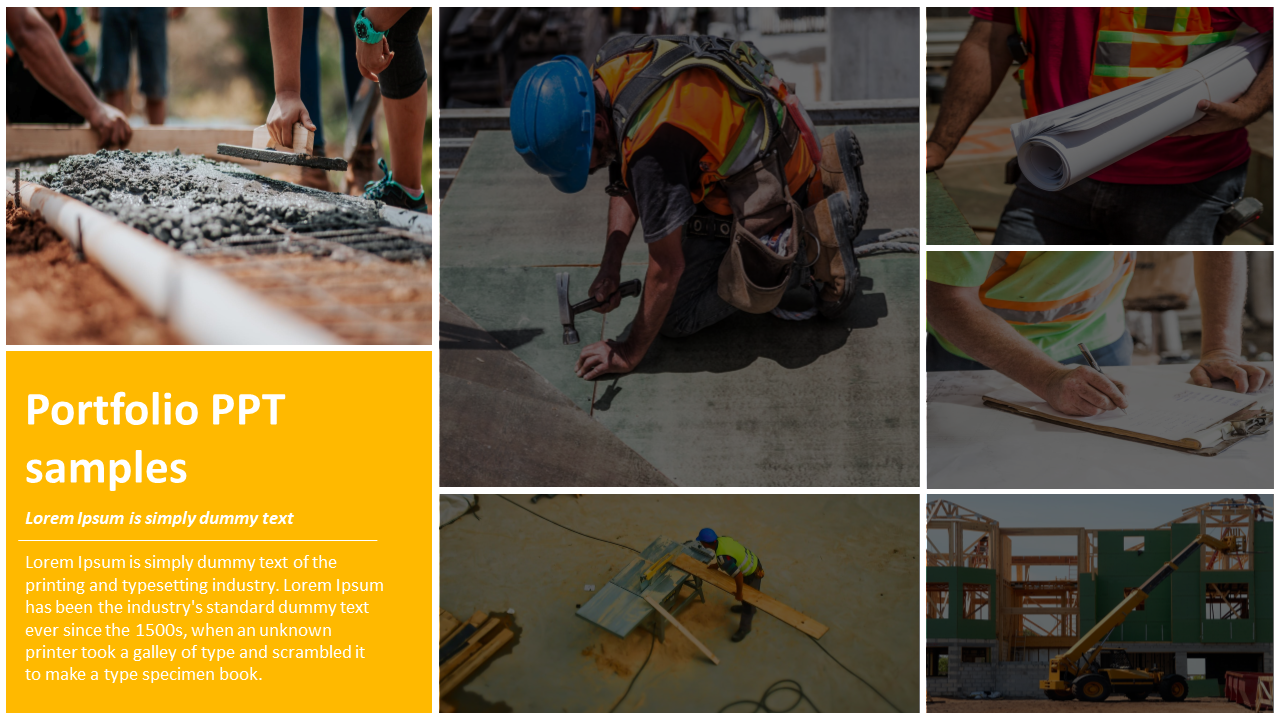 Portfolio PowerPoint slide featuring construction workers using tools and reviewing plans, with a yellow box for text.