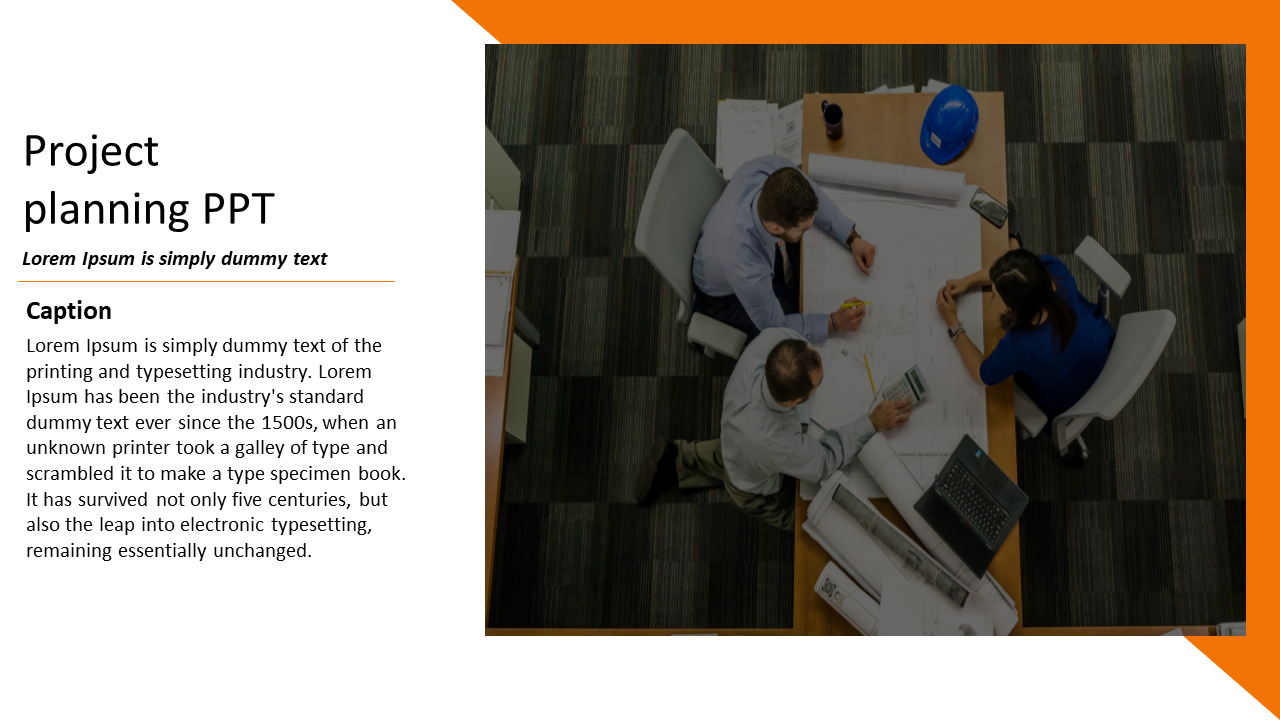 Project planning slide showing three people reviewing architectural plans on a wooden table, bordered in orange.