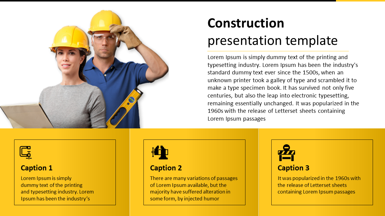 Construction themed presentation slide featuring two workers with safety helmets and three yellow content boxes with icons.