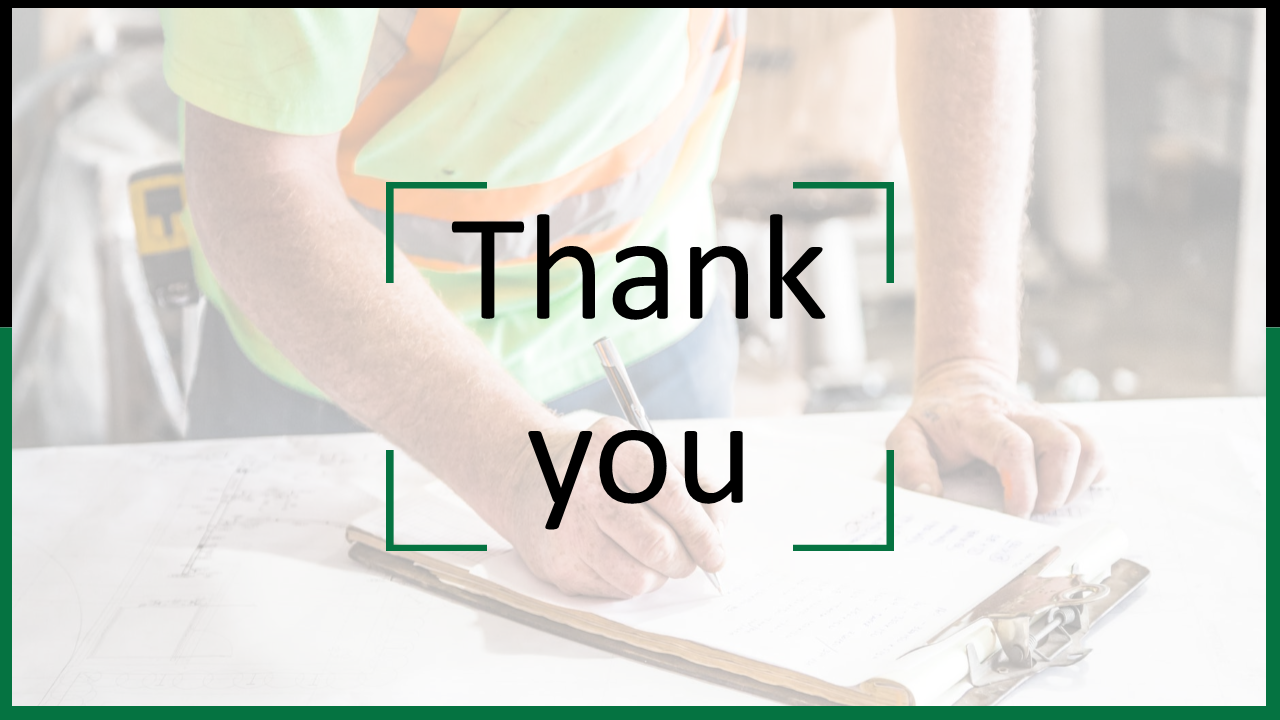 Thank you slide showing a person writing on a clipboard with a safety vest and green border accents.