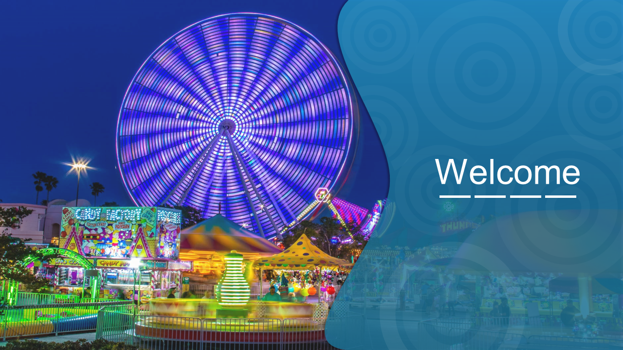 Welcome slide with a vibrant carnival scene, featuring a lit up ferris wheel and colorful amusement park attractions.