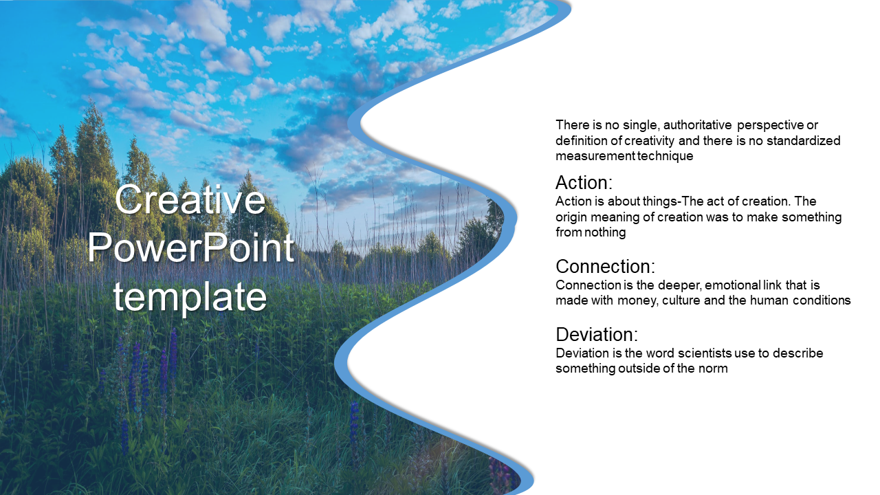 A creative nature themed PowerPoint template with a blue and green color scheme with three components of creativity.