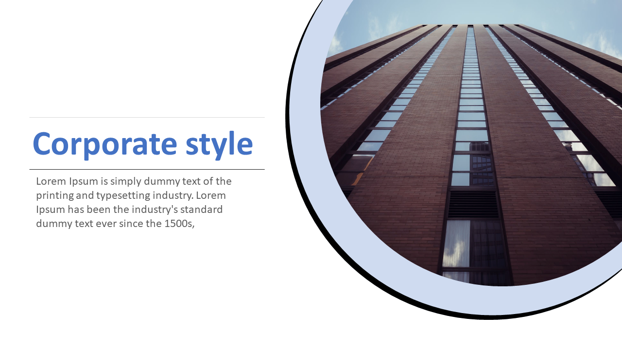 Slide with a corporate theme showcasing a circular image of a high rise building with large glass windows and text on left.