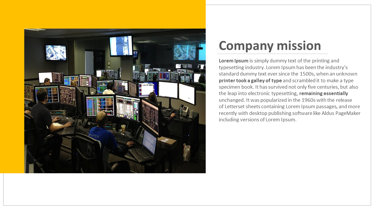 Office environment with multiple monitors displaying data and information, with yellow accents and text on the right.