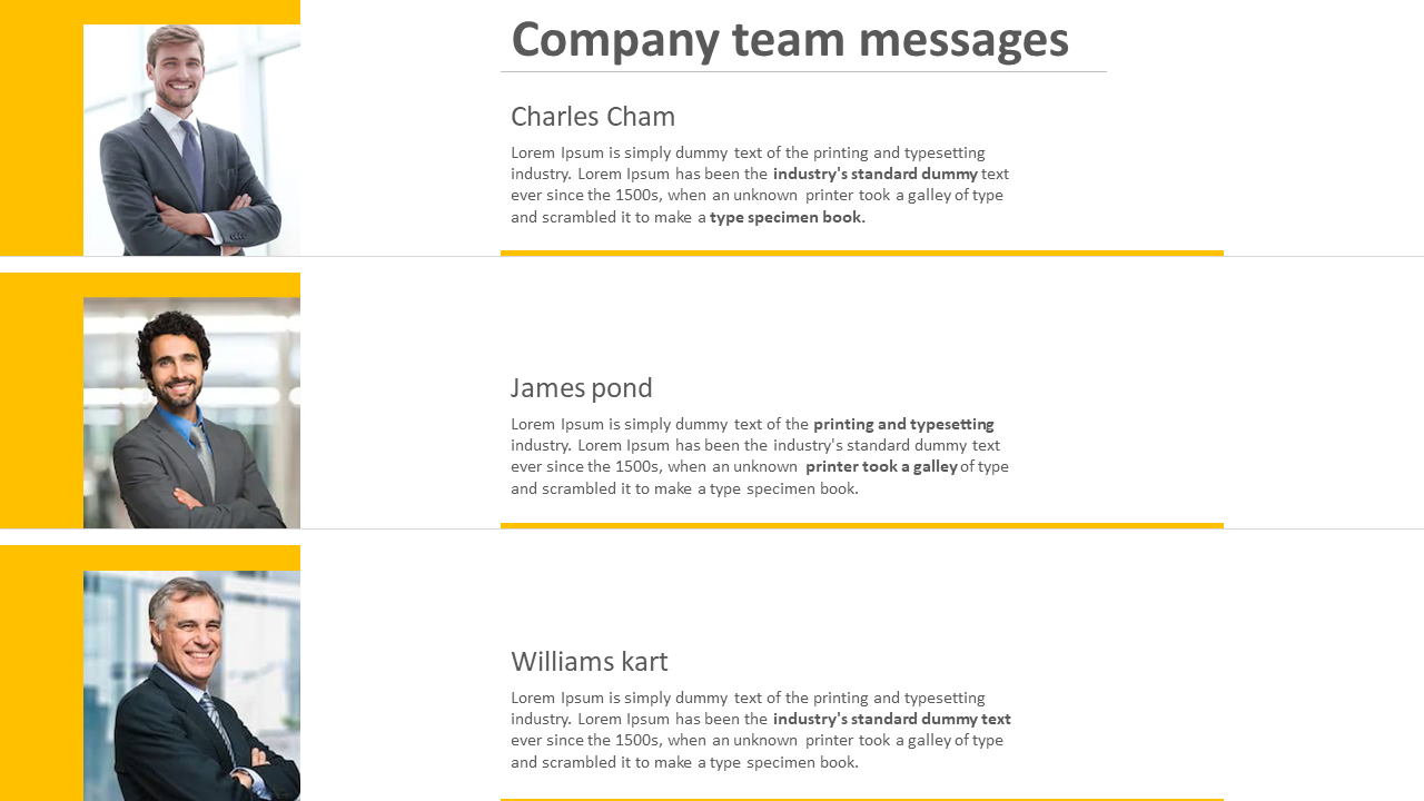 A PowerPoint slide displaying a team communication format includes names and example messages for three team members.