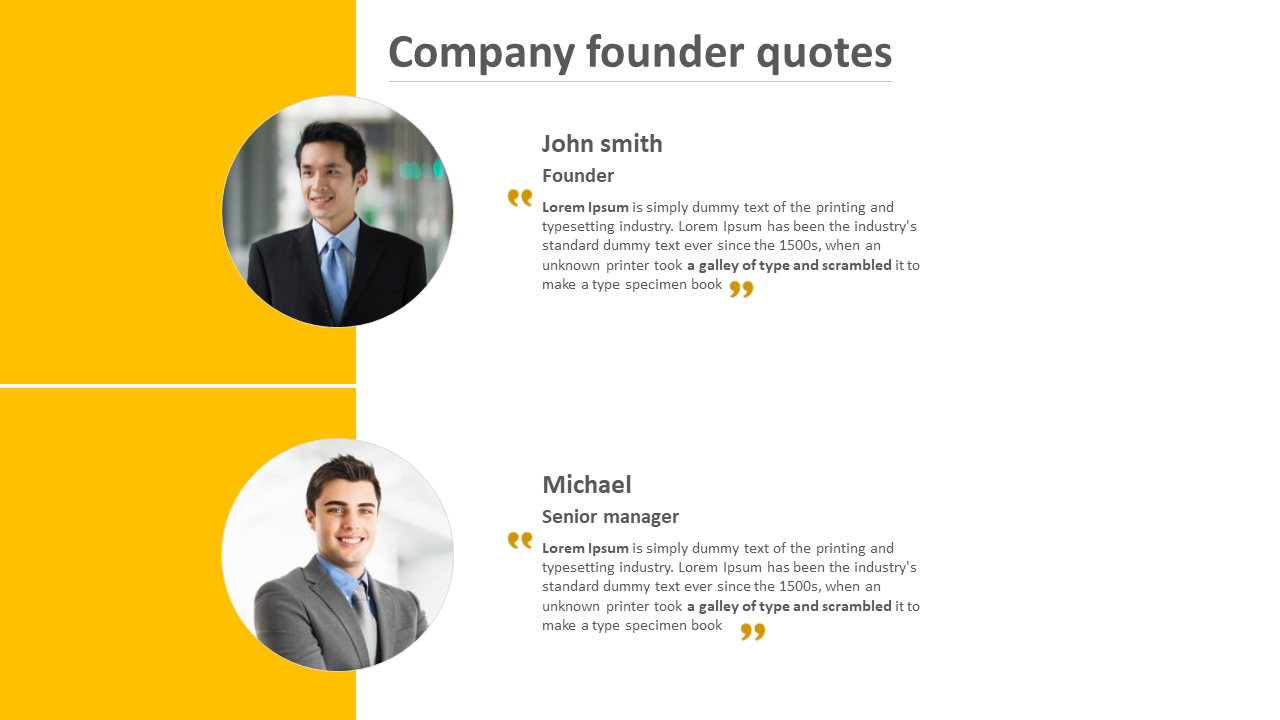 Quote PPT slide includes quotes from John Smith and Michael, along with their titles, and placeholder text.