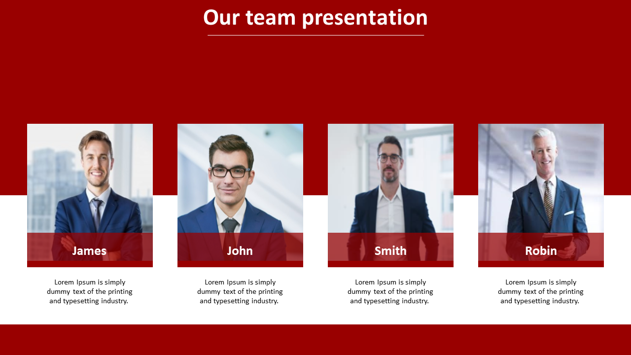 Red themed team presentation slide with four professional headshots and names beneath each individual.