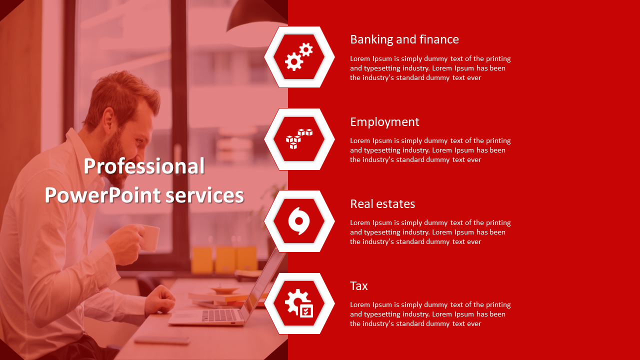 Red-themed slide with a person working on a laptop on the left and four white hexagon icons with text on the right.