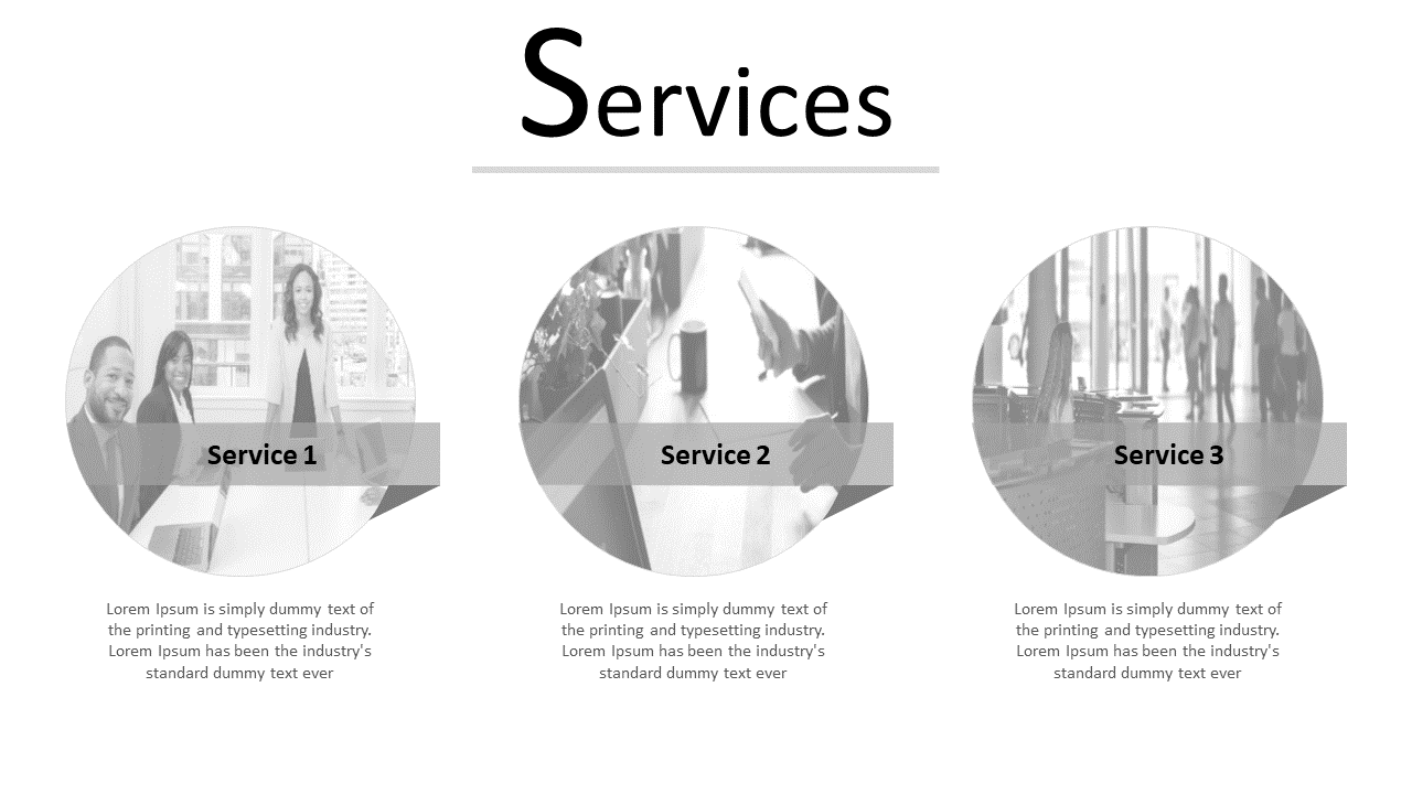 Slide showcasing three services with black and white images inside circular frames, labeled 1, 2, and 3.