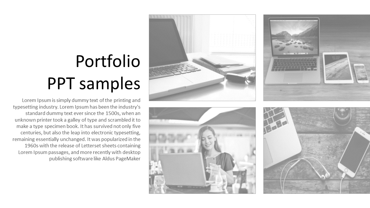 Black and white portfolio samples slide with four images of laptops, tablets, and mobile devices, featuring descriptive text.