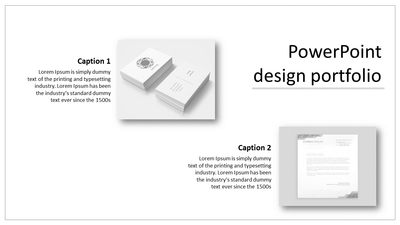 PowerPoint design portfolio slide featuring images of business cards and a document layout with captions.