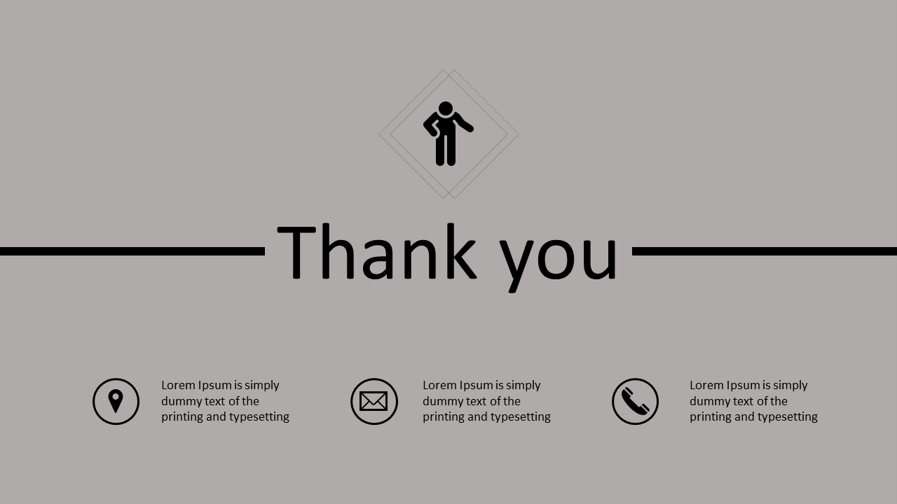 Thank you slide design featuring a central icon of a person bowing and contact information symbols placed below.