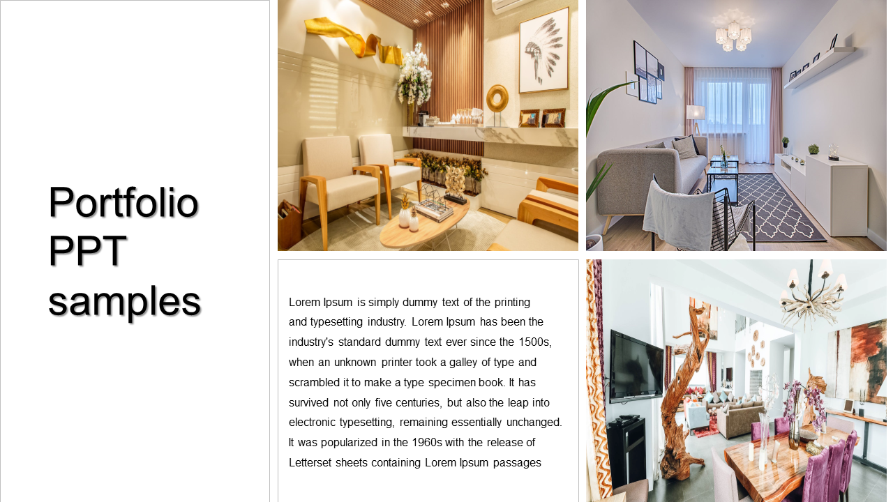 Portfolio PowerPoint samples showcasing interior design images, with placeholders for descriptive text.