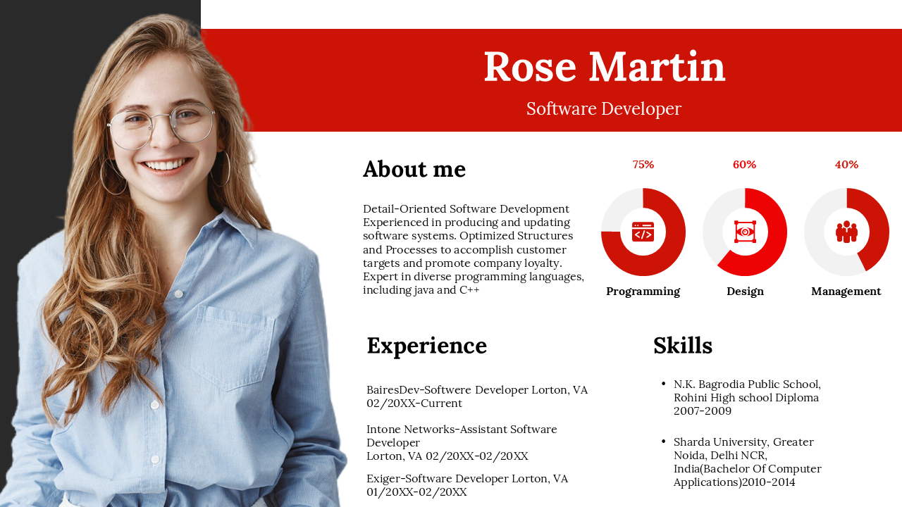 Profile slide with a red and white theme, featuring a photo on the left with circular charts, and text sections for details.