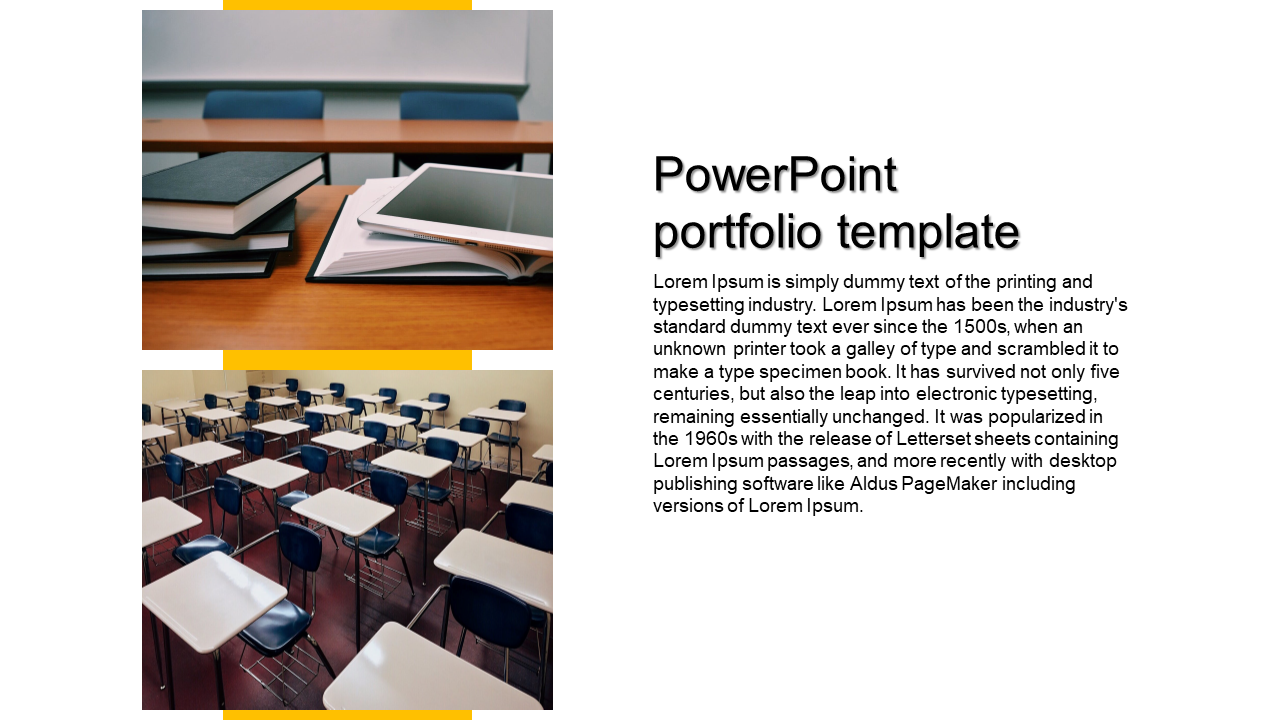 Portfolio PPT template showing stacked books and an empty classroom, with placeholder text about the printing industry.