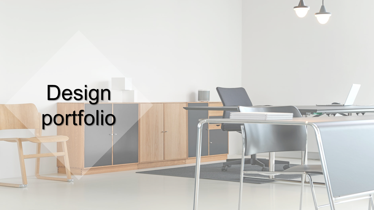 Sleek modern office workspace with wooden furniture, a chair, and a laptop, showcasing a design portfolio.