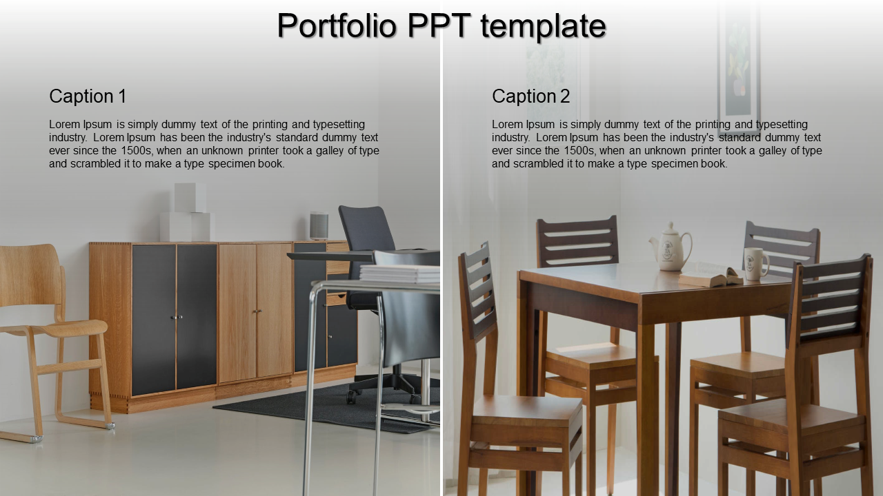 Portfolio slide with two images of modern furniture and captions describing the history of the printing industry.