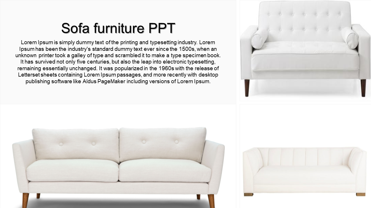 Slide featuring various sofa designs with a description of the furniture industry and its history.