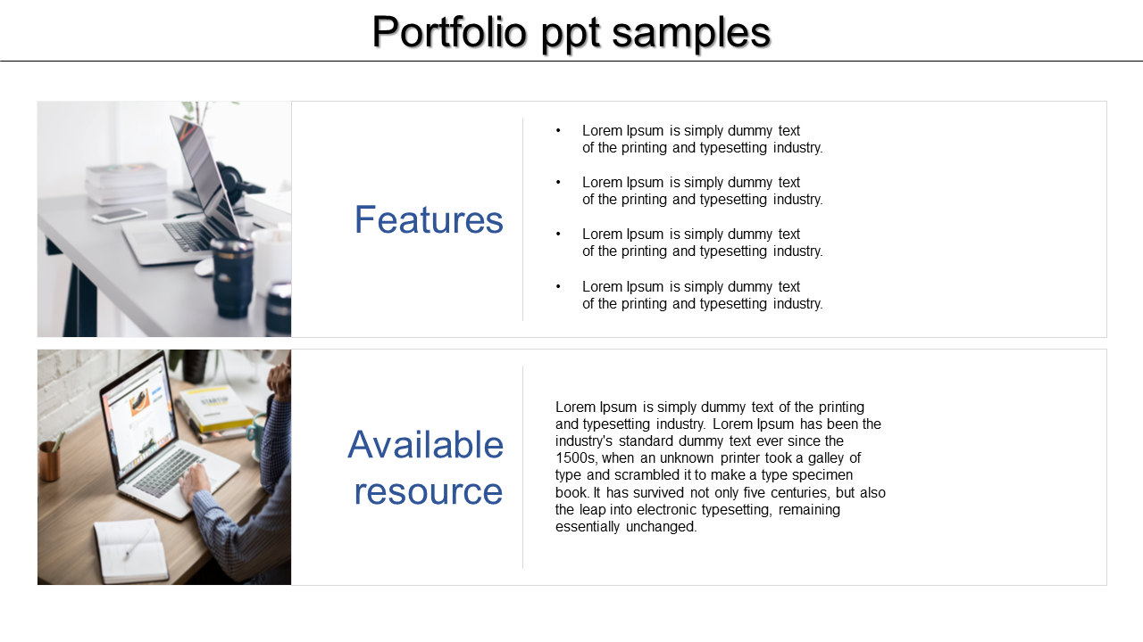 Portfolio PowerPoint samples with features and available resources sections, showing desks with laptops.