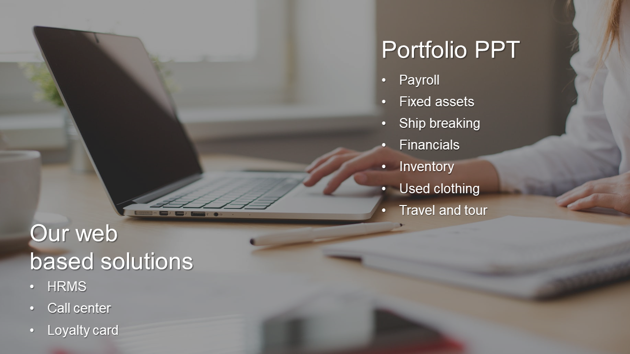 Portfolio PPT slide featuring a list of topics such as payroll, inventory, and HRMS alongside a laptop image.