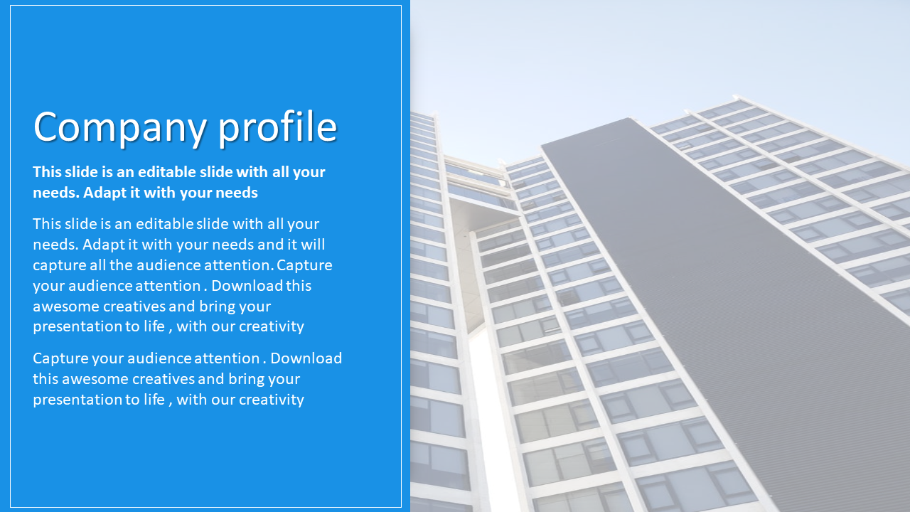 Company profile slide with a blue background, descriptive text, and an image of a modern office building.