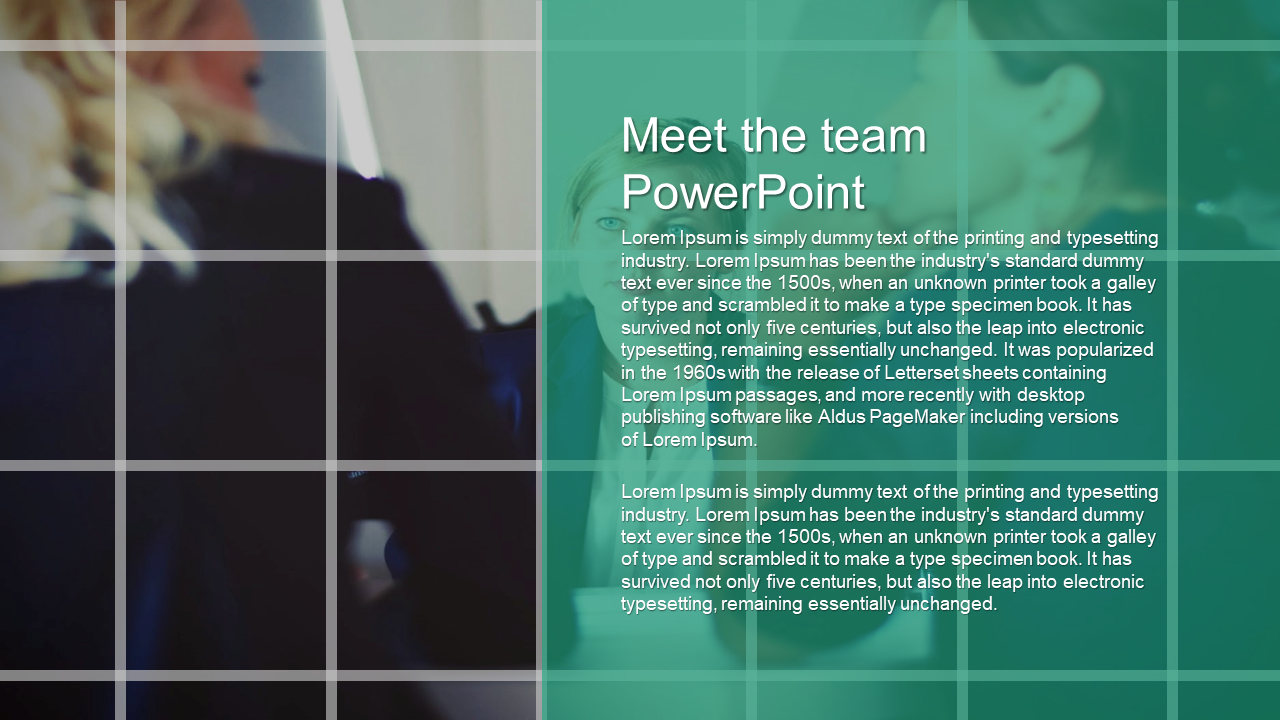 Blurred background of team members with a green overlay and grid lines, featuring introductory text.