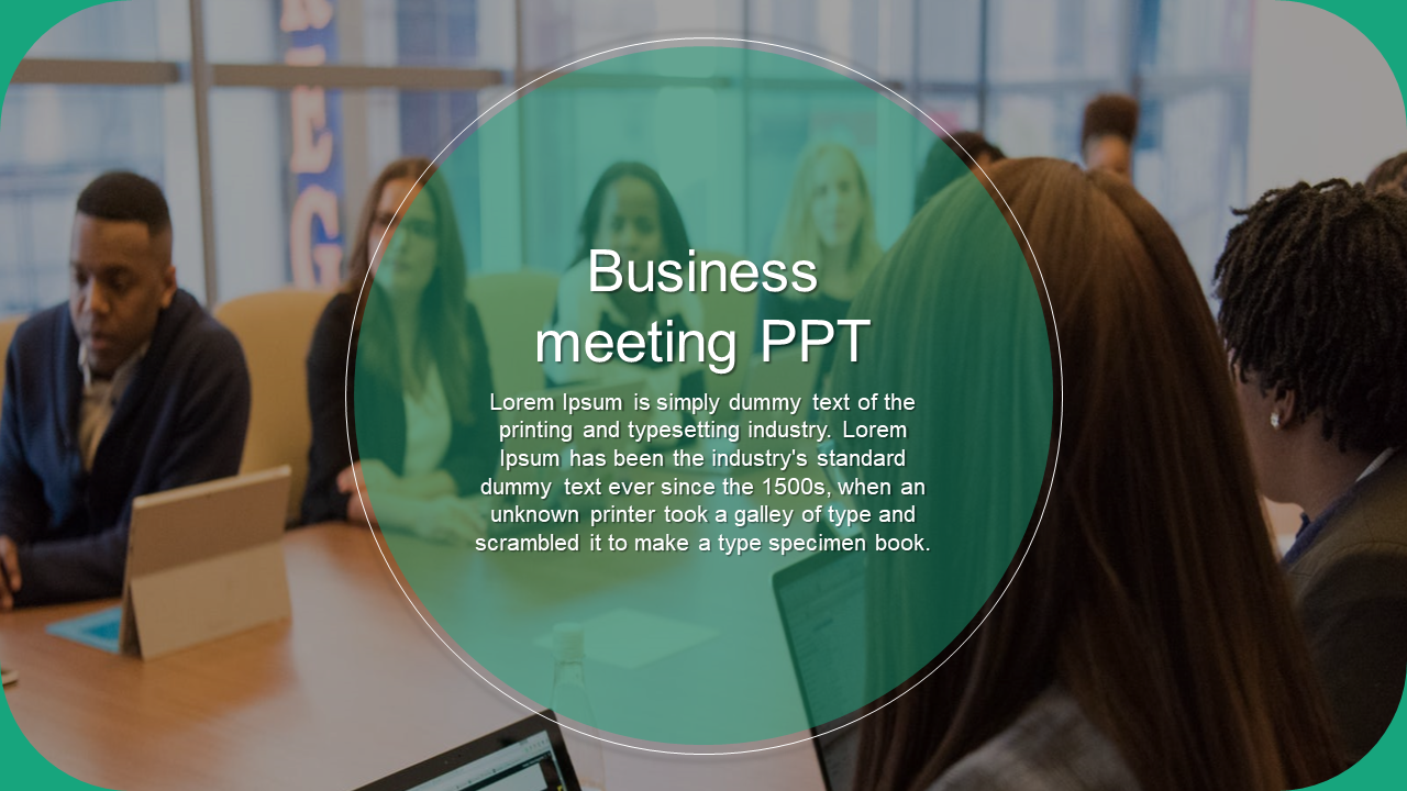 Business meeting PowerPoint template featuring a team gathered around a conference table with placeholder text.