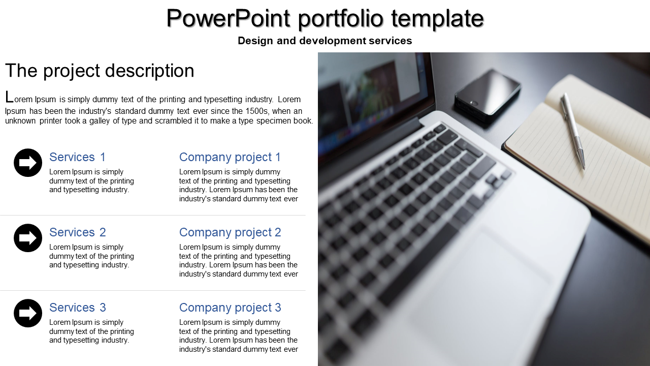 Portfolio PPT slide with service descriptions and company project details displayed alongside a laptop.